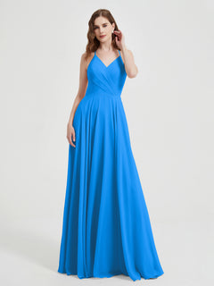 V-neck Cross Back Chiffon Bridesmaid Dresses-Ocean Blue