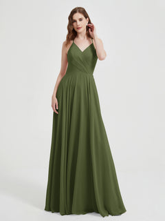 V-neck Cross Back Chiffon Bridesmaid Dresses-Olive Green