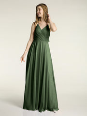 V-neck Cross Back Chiffon Bridesmaid Dresses-Olive Green
