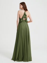 V-neck Cross Back Chiffon Bridesmaid Dresses-Olive Green