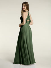 V-neck Cross Back Chiffon Bridesmaid Dresses-Olive Green Plus Size