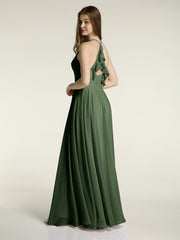 V-neck Cross Back Chiffon Bridesmaid Dresses-Olive Green
