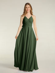 V-neck Cross Back Chiffon Bridesmaid Dresses-Olive Green Plus Size