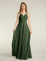 V-neck Cross Back Chiffon Bridesmaid Dresses-Olive Green