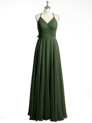 V-neck Cross Back Chiffon Bridesmaid Dresses-Olive Green