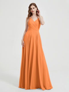 V-neck Cross Back Chiffon Bridesmaid Dresses-Orange