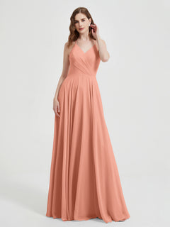 V-neck Cross Back Chiffon Bridesmaid Dresses-Papaya