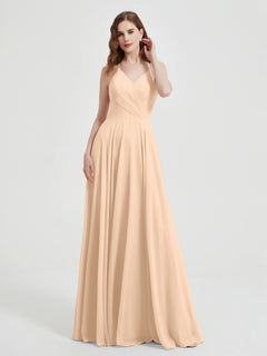 V-neck Cross Back Chiffon Bridesmaid Dresses-Peach