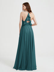 V-neck Cross Back Chiffon Bridesmaid Dresses-Peacock