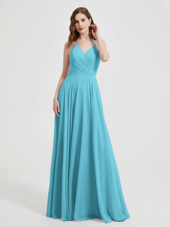 V-neck Cross Back Chiffon Bridesmaid Dresses-Pool