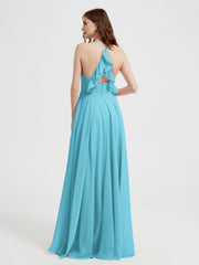 V-neck Cross Back Chiffon Bridesmaid Dresses-Pool