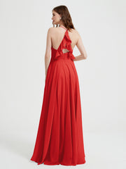 V-neck Cross Back Chiffon Bridesmaid Dresses-Red