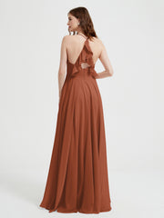 V-neck Cross Back Chiffon Bridesmaid Dresses-Rust