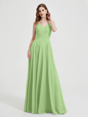 V-neck Cross Back Chiffon Bridesmaid Dresses-Sage