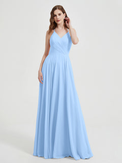 V-neck Cross Back Chiffon Bridesmaid Dresses-Sky Blue Plus Size