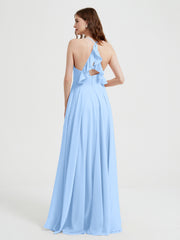 V-neck Cross Back Chiffon Bridesmaid Dresses-Sky Blue