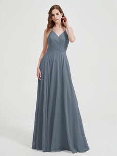 V-neck Cross Back Chiffon Bridesmaid Dresses-Slate Blue