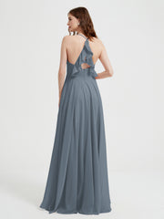 V-neck Cross Back Chiffon Bridesmaid Dresses-Slate Blue