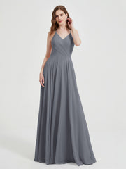 V-neck Cross Back Chiffon Bridesmaid Dresses-Steel Grey