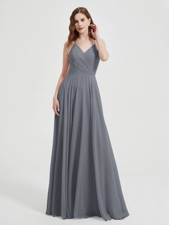 V-neck Cross Back Chiffon Bridesmaid Dresses-Steel Grey Plus Size