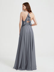 V-neck Cross Back Chiffon Bridesmaid Dresses-Steel Grey