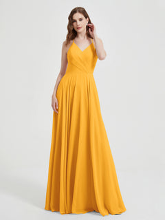 V-neck Cross Back Chiffon Bridesmaid Dresses-Tangerine