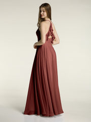V-neck Cross Back Chiffon Bridesmaid Dresses-Terracotta