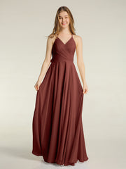 V-neck Cross Back Chiffon Bridesmaid Dresses-Terracotta