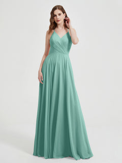 V-neck Cross Back Chiffon Bridesmaid Dresses-Turquoise Plus Size