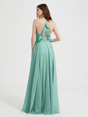 V-neck Cross Back Chiffon Bridesmaid Dresses-Turquoise