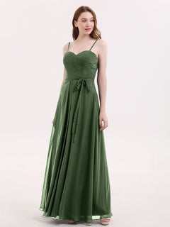 Spaghestti Strap Chiffon Dress with Sweetheart NECK-Olive Green