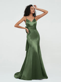 Spaghetti Straps Satin Mermaid Dresses-Olive Green