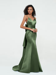 Spaghetti Straps Satin Mermaid Dresses-Olive Green Plus Size