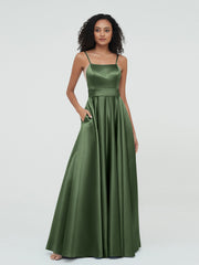 A-line Spaghetti Straps Max Satin Dresses-Olive Green