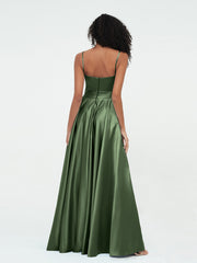 A-line Spaghetti Straps Max Satin Dresses-Olive Green Plus Size