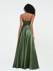 A-line Spaghetti Straps Max Satin Dresses-Olive Green
