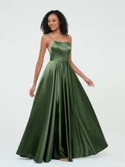 A-line Spaghetti Straps Max Satin Dresses-Olive Green