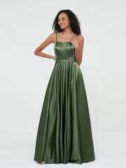 A-line Spaghetti Straps Max Satin Dresses-Olive Green Plus Size