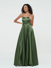 A-line Spaghetti Straps Max Satin Dresses-Olive Green