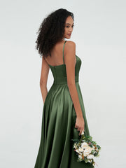 A-line Spaghetti Straps Max Satin Dresses-Olive Green