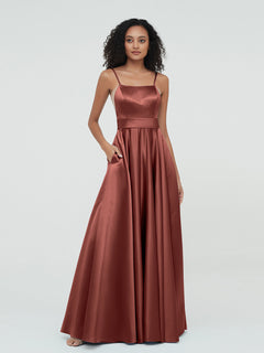 A-line Spaghetti Straps Max Satin Dresses-Terracotta