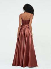 A-line Spaghetti Straps Max Satin Dresses-Terracotta Plus Size
