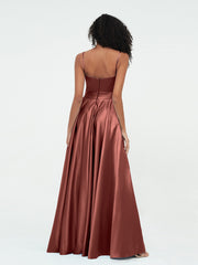 A-line Spaghetti Straps Max Satin Dresses-Terracotta