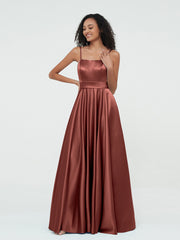A-line Spaghetti Straps Max Satin Dresses-Terracotta