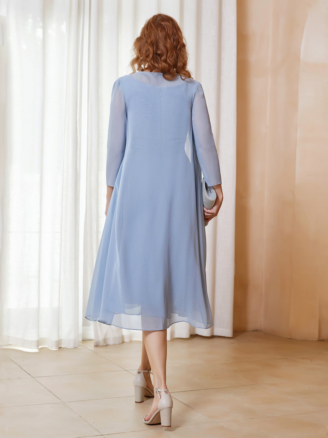 BABARONI Chiffon Mothe of The Bride Midi Dress with Jacket and Scoop Ruched BABARONI Chiffon Mothe of The Bride Midi Dress with Jacket and Scoop Ruched