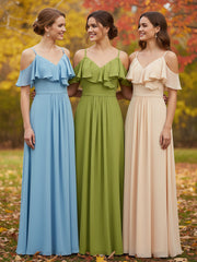 Off the Shoulder Spaghetti Strap Bridesmaid Gowns-Clover