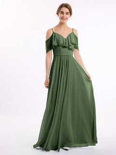 Off the Shoulder Spaghetti Strap Bridesmaid Gowns-Olive Green