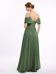 Off the Shoulder Spaghetti Strap Bridesmaid Gowns-Olive Green