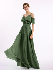 Off the Shoulder Spaghetti Strap Bridesmaid Gowns-Olive Green