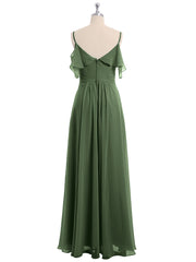 Off the Shoulder Spaghetti Strap Bridesmaid Gowns-Olive Green